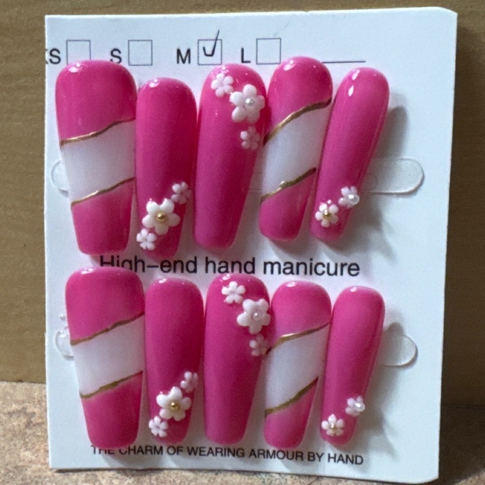 Hot Pink Floral Press On Nails Long Coffin 3D Flower Gold Swirl Set Size M‎